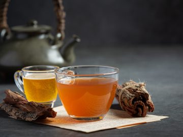 hot tea and bark on table